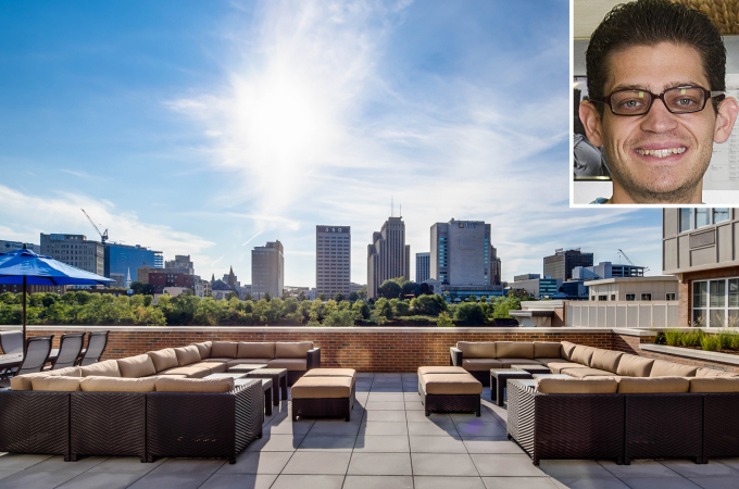 Engineer Carl Lordi (inset) moved into a brand-new one-bedroom rental at Water’s Edge, a 141-unit building that opened last month. Amenities at the waterfront project include a two-level outdoor terrace with lounge seating and a firepit. Photo: http://www.simplyathos.com; Michael Sofronski